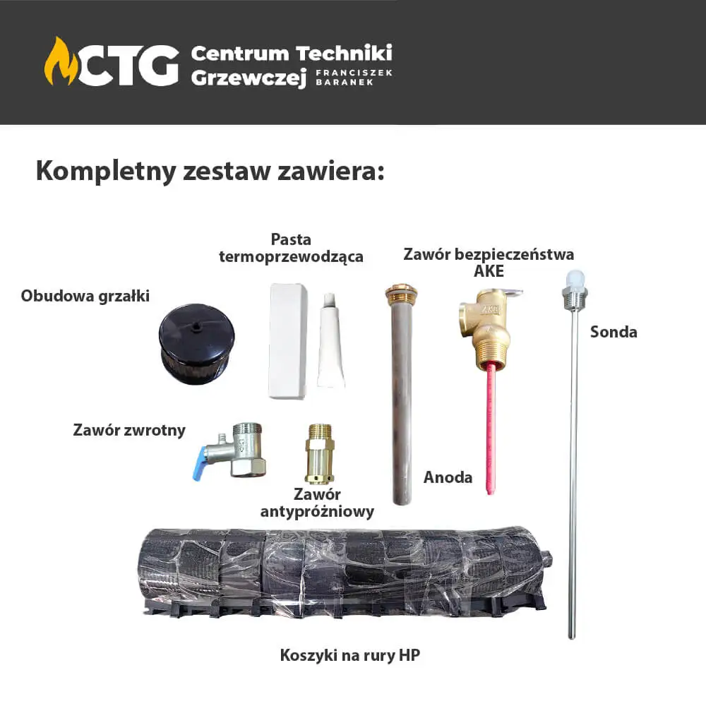 Kolektor słoneczny ciśnieniowy model 100L - zawartość kompletnego zestawu